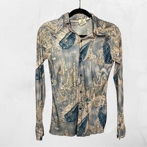 Vintage Alfie Avant-garde Blue and Tan Patterned Men’s Botton Collared Shirt S